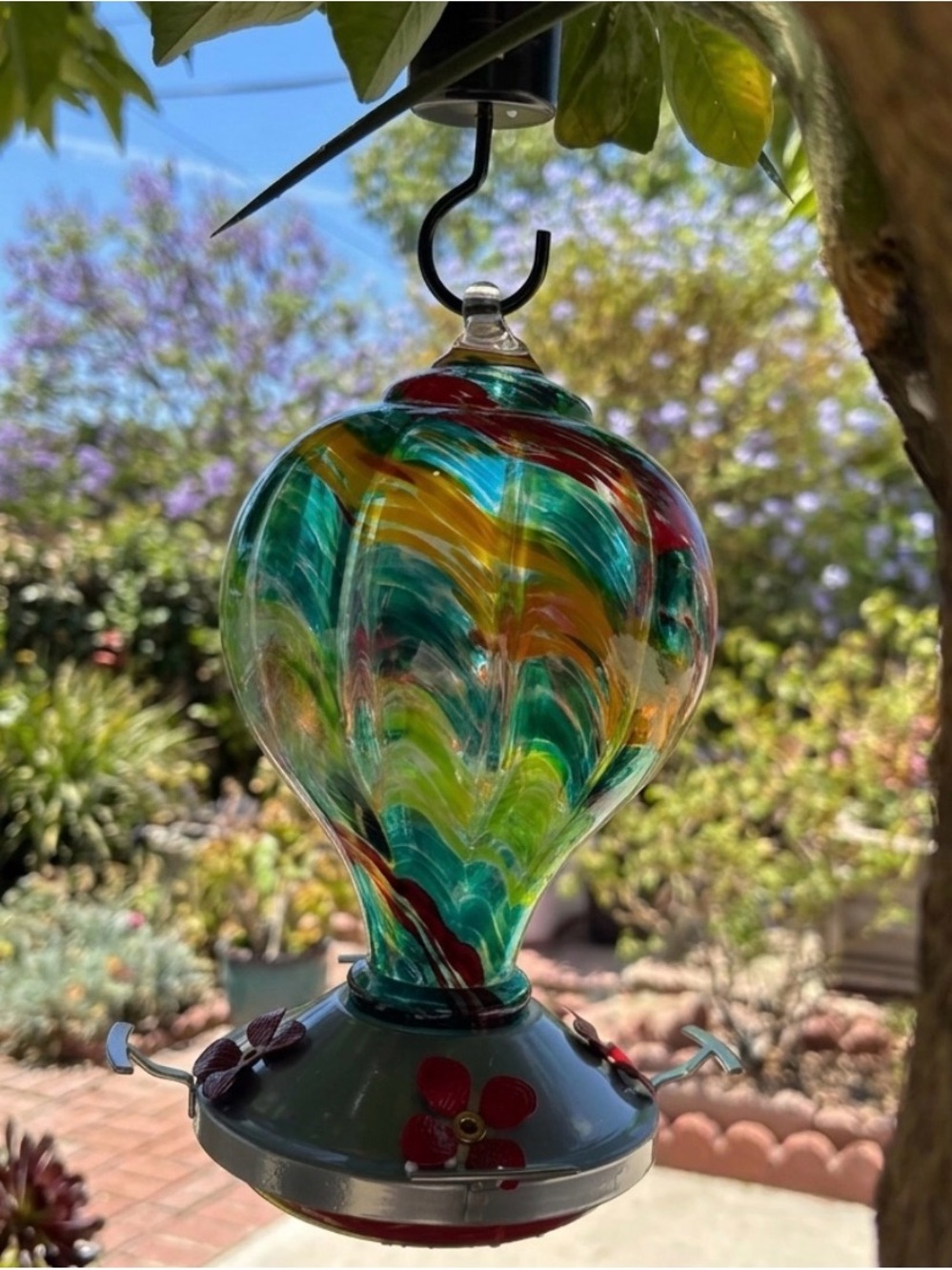 NIB Muse Garden Hand-Blown Multicolor Glass Hummingbird Feeder-Green/Yellow/Red